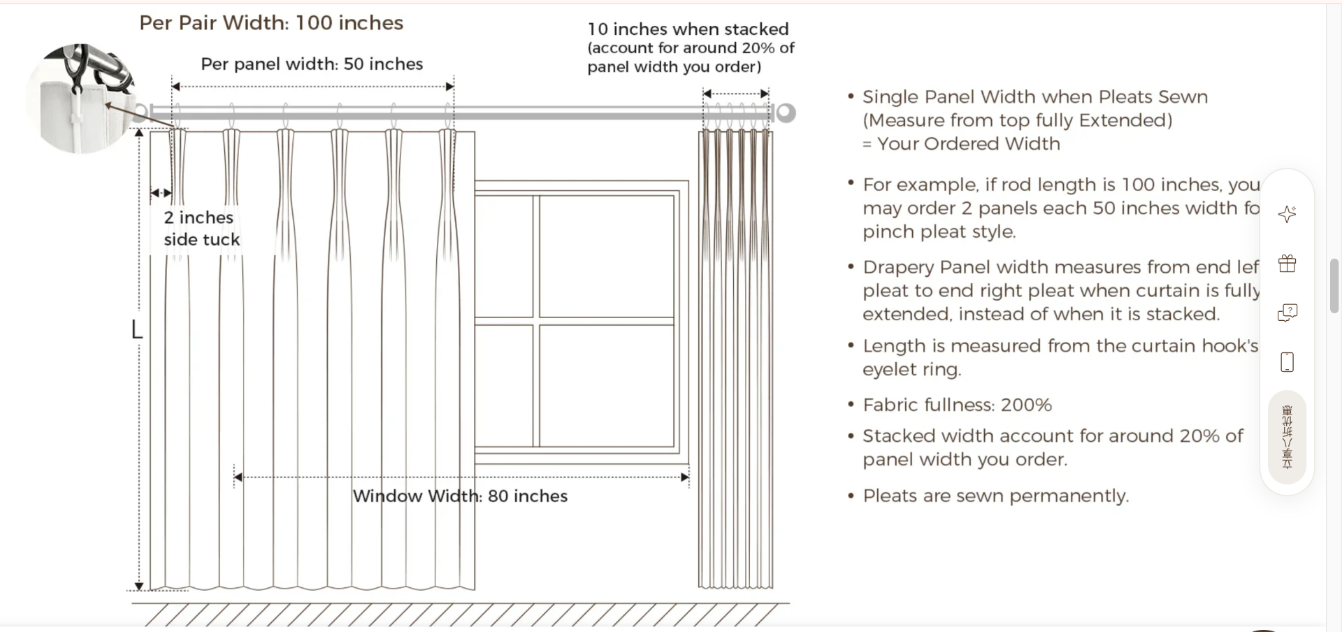 Curtain measurement diagram: per pair width, per panel width, stacked width, side tuck, fabric fullness 200%